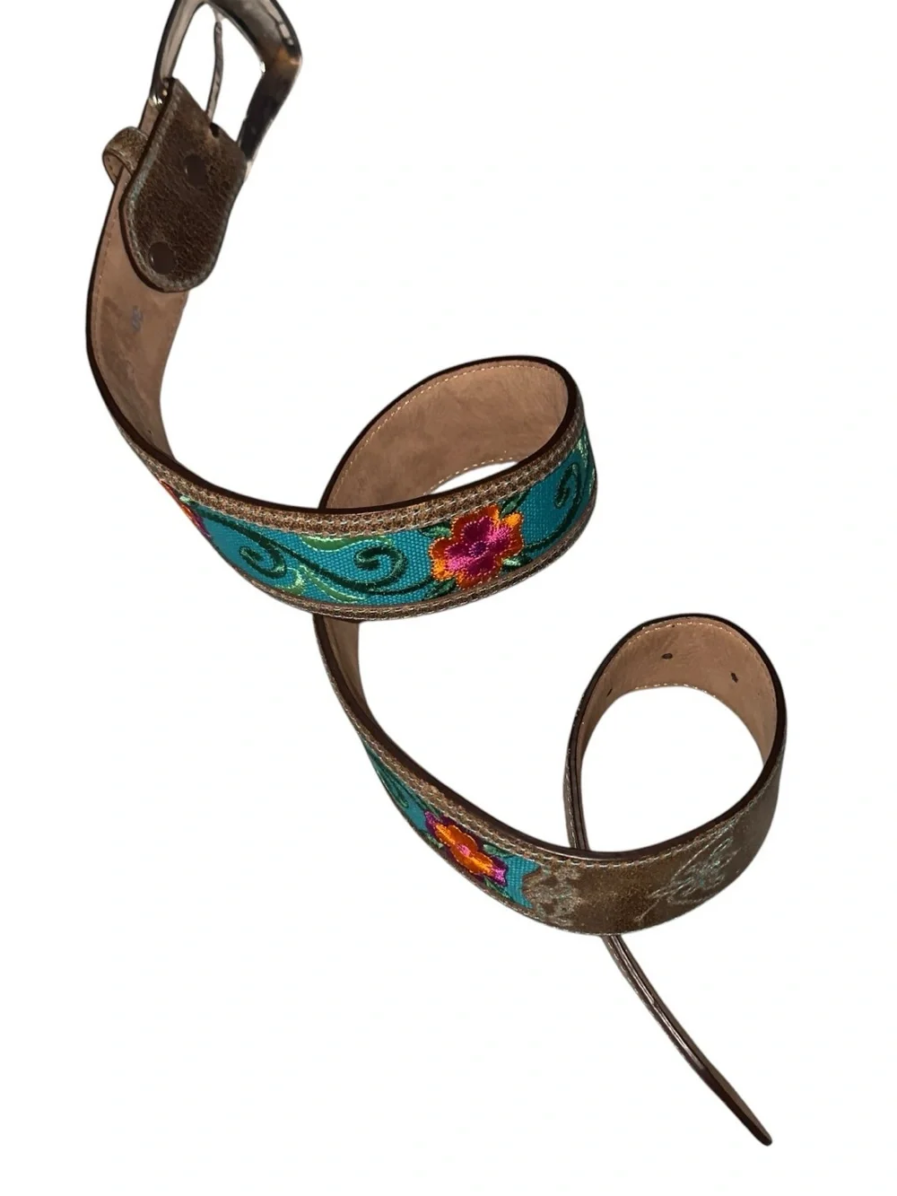 Justin  brown leather western belt teal cowgirl embroidered floral Sz 30